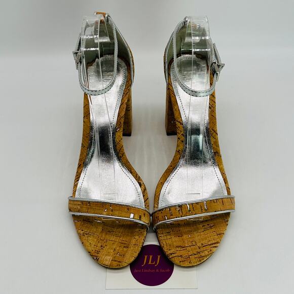 Schutz Women's Cadey Lee Block Cork Silver Leather Causal Sandal Heels Size 9 - Picture 4 of 12